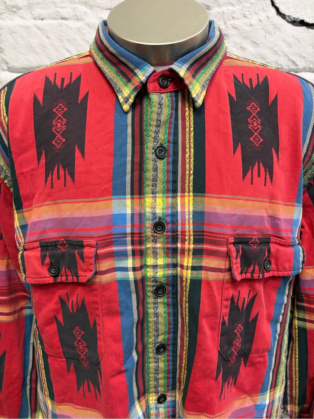 Vintage 90s Y2K Polo Ralph Lauren Southwestern Aztec Plaid Flannel Shirt Rainbow